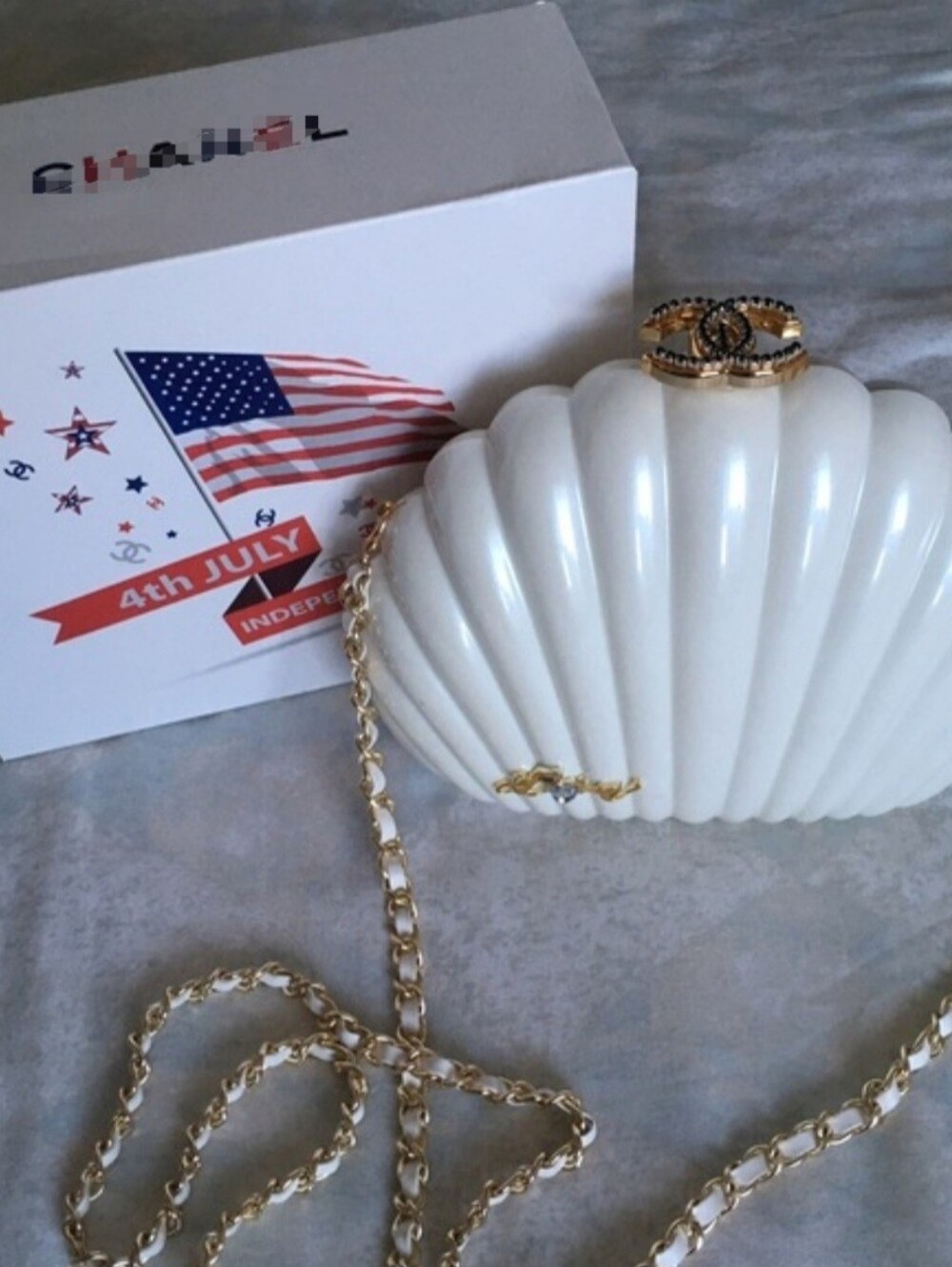Minaudière White Clam Clutch with Gold Chain and Medallion LIMITED EDITION